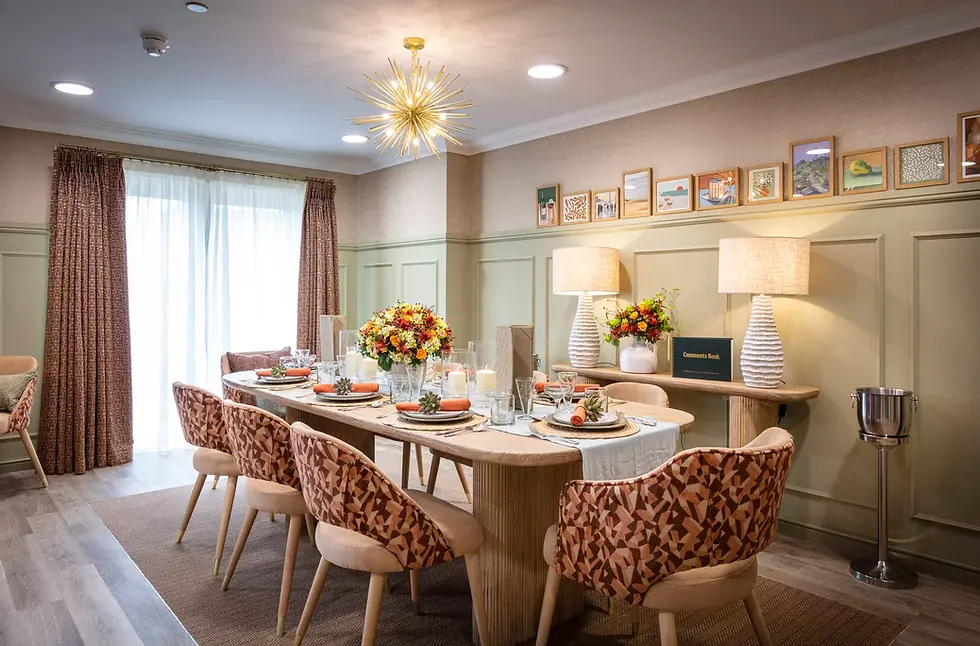 Care home dining area with coordinated lighting and electrical systems installation