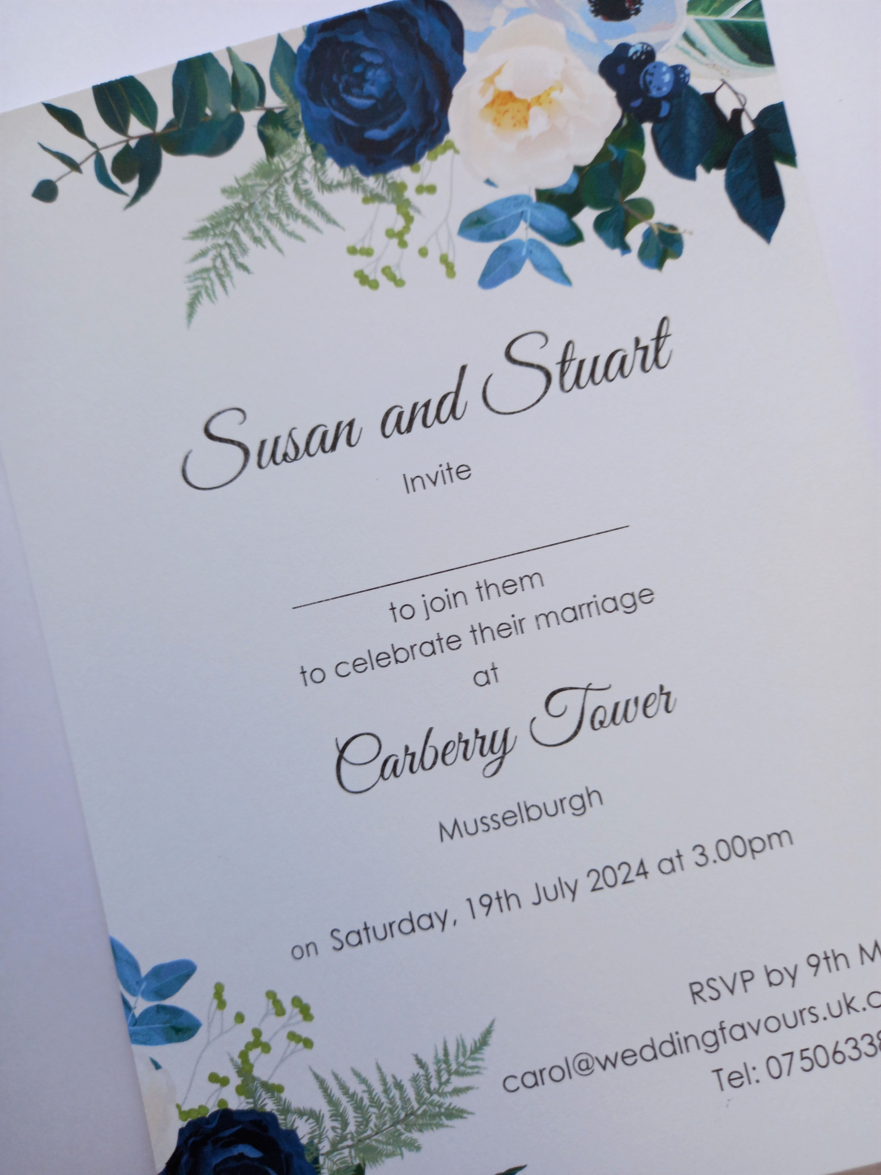 Wedding Invitation, Navy & Cream Roses with Foliage - INV0503202201