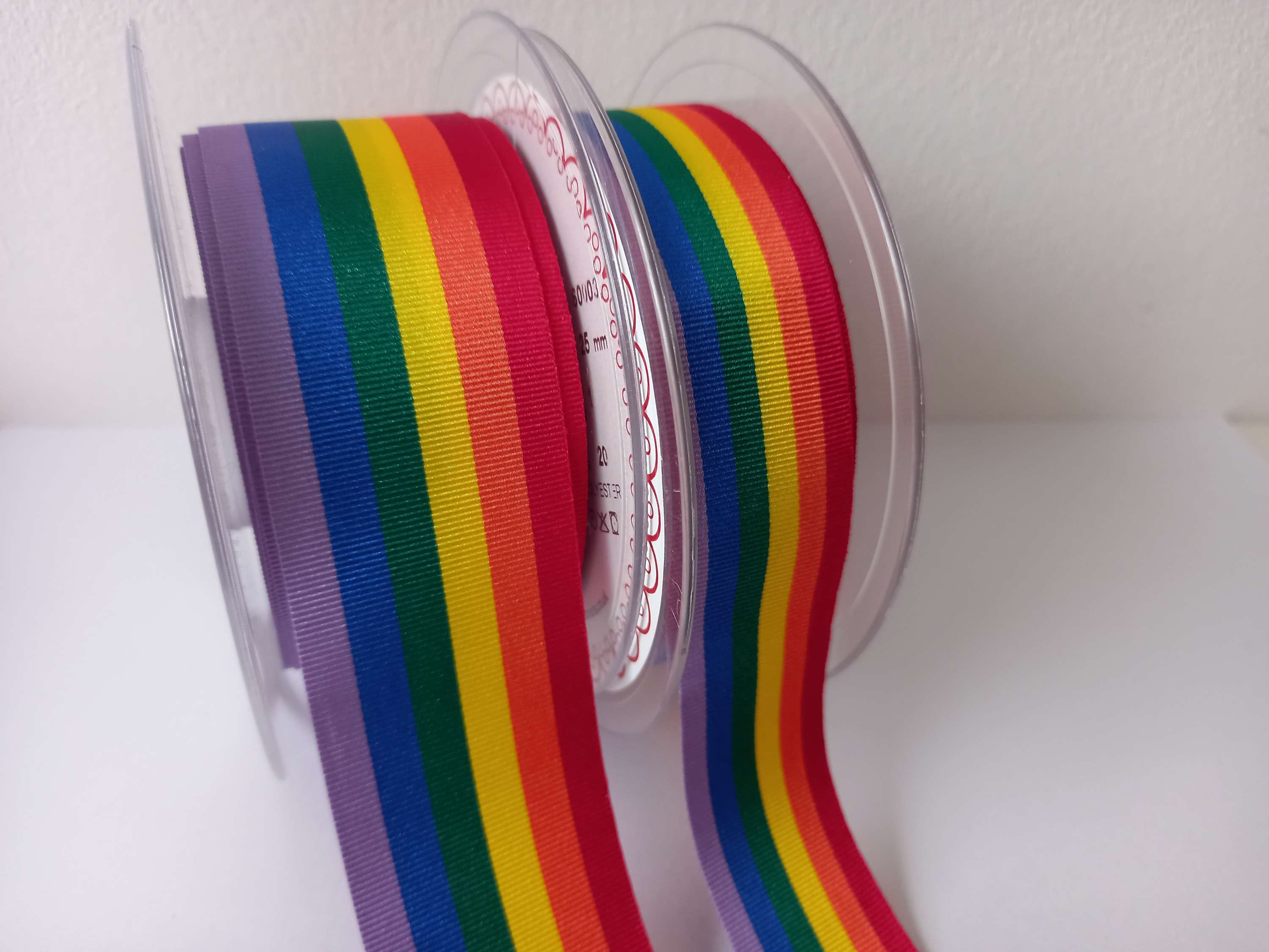 Multicoloured Rainbow Striped Ribbon, available in different sizes.