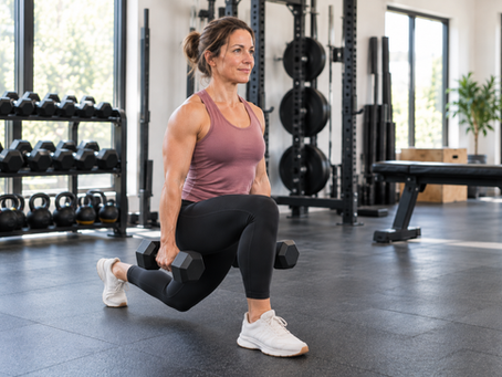 Woman over 40 strength training with dumbbells as part of a body composition-focused workout.