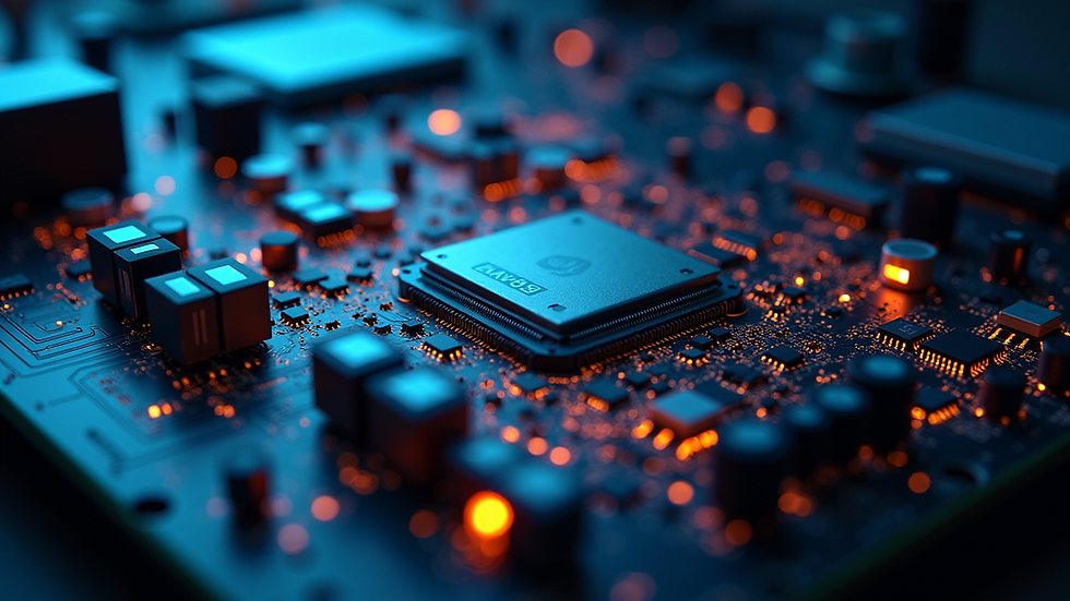 High angle view of a quantum computer setup with glowing circuits