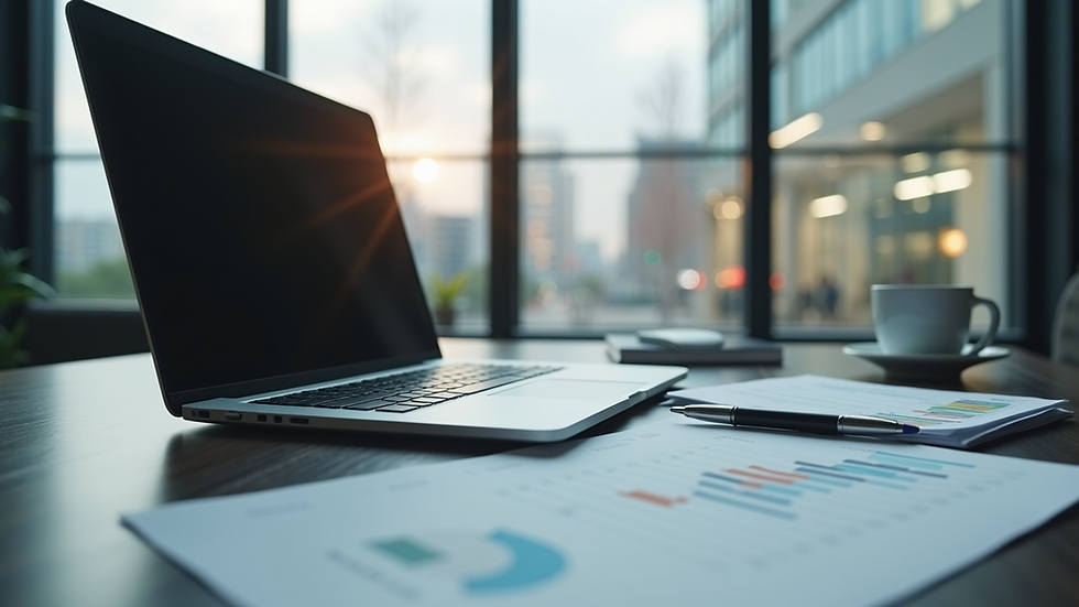 Eye-level view of modern office desk with laptop and financial documents