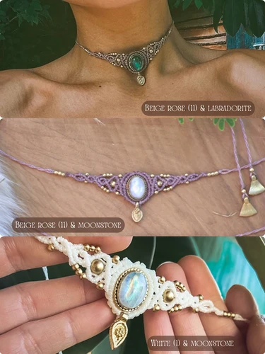 Collier Ras De Cou Perles Nacrées Et Pierres Chips Violet Clair Micro-macramé - Neuf, France