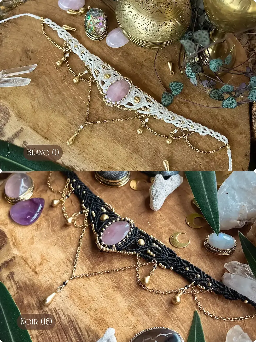 Thumbnail: Collier artisanal au style bohème, ras de cou Kama quartz rose en macramé et pierre naturelle : le quartz rose
