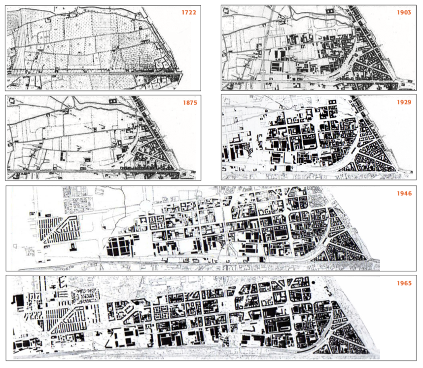 mappe storiche del 1722, 1875, 1903, 1929, 1946, 1965 del Quartiere Tortona Solari