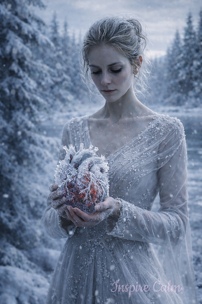 A woman holding her frozen heart, representing the Numb Heart.