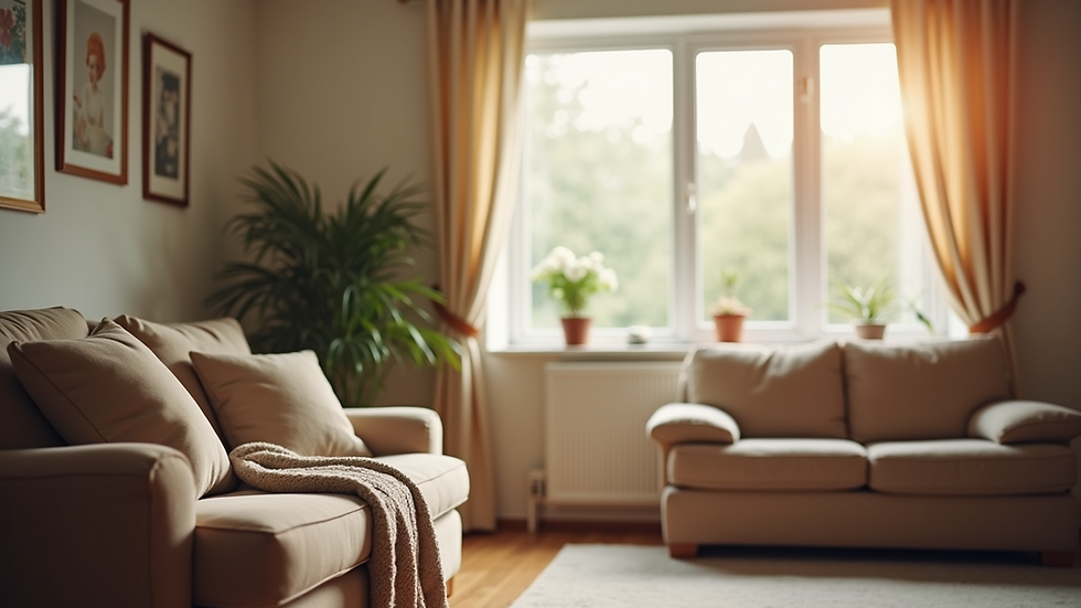 Eye-level view of a cozy senior living room with comfortable seating