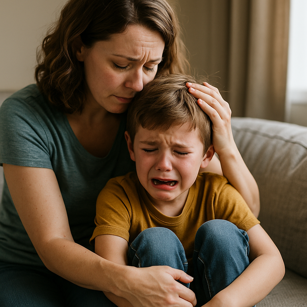 A comforting embrace: A woman consoles a tearful child, providing support and reassurance during an emotional moment on the couch.