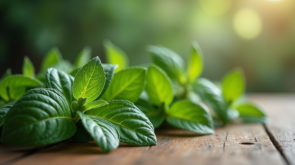 Close-up view of fresh herbal leaves on a wooden table