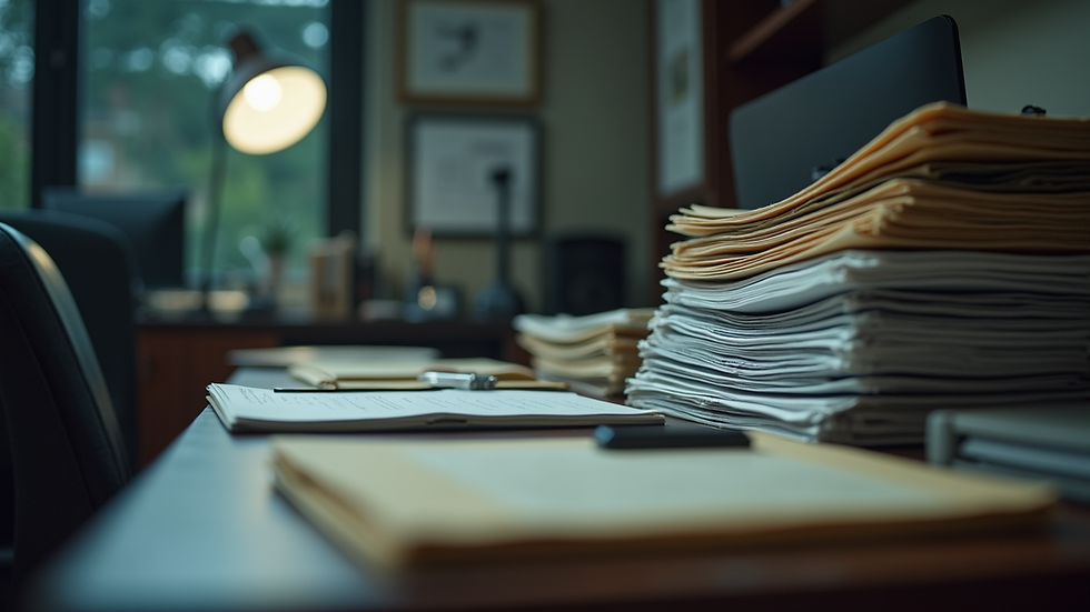 Eye-level view of a detective's office with investigation files neatly arranged