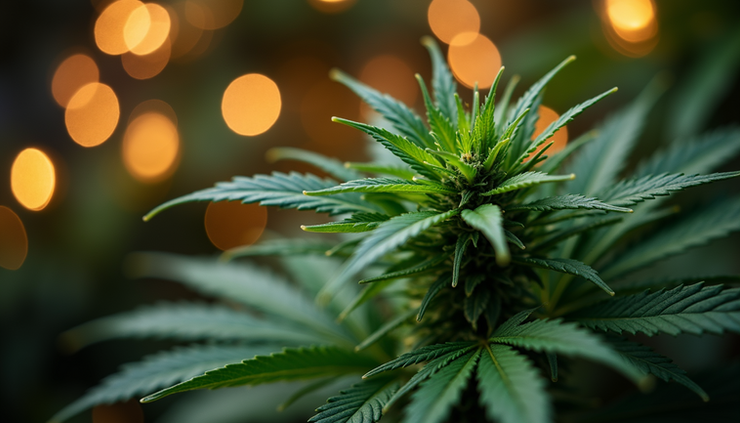 Close-up view of cannabis leaves and holiday lights in the background