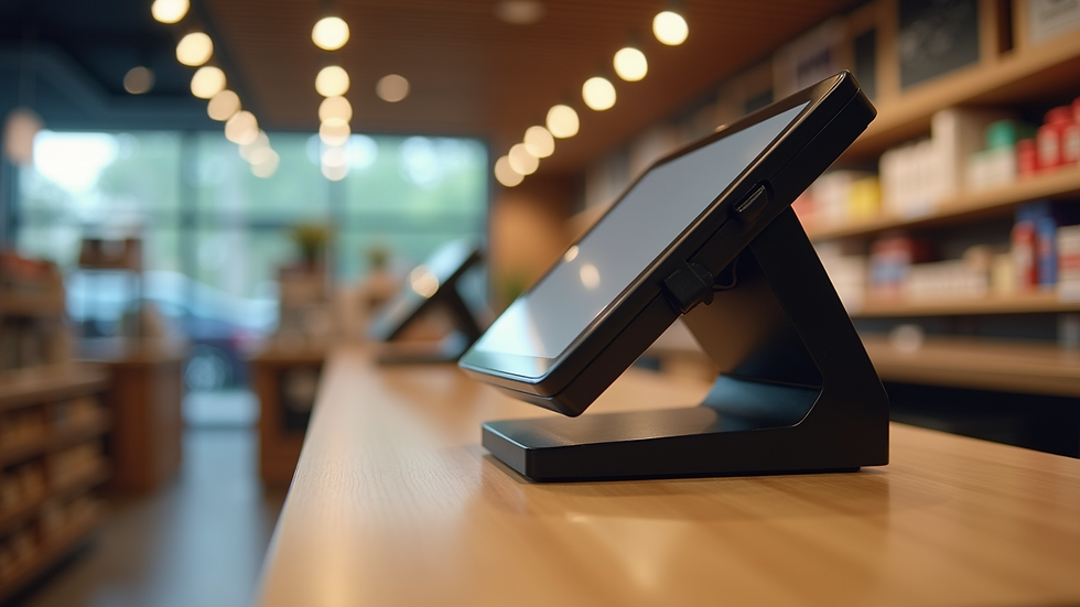 Eye-level view of a retail store counter with a POS terminal
