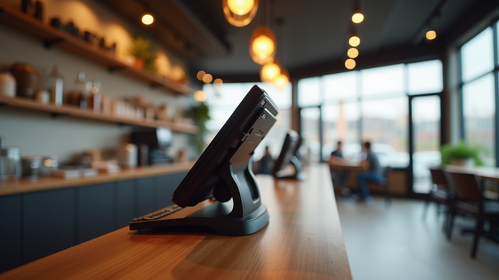 Eye-level view of a modern restaurant counter with a POS terminal