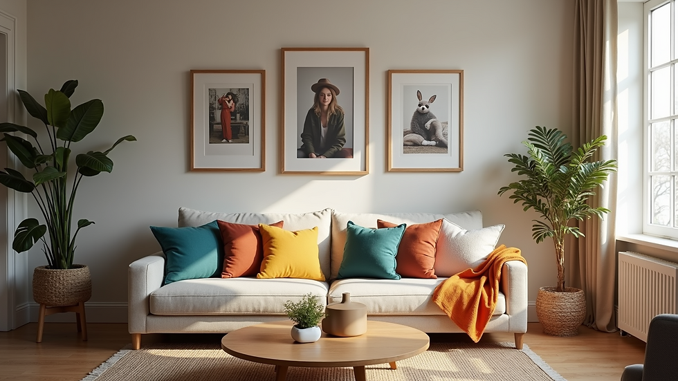 Eye-level view of a cozy living room with personalized decor including framed photos, colorful cushions, and unique artwork