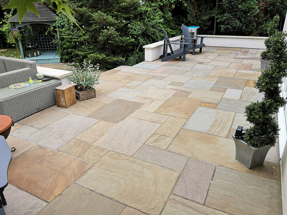 Wide angle view of a beautifully laid sandstone patio