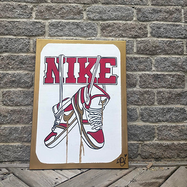 MAC, Nikes and Mac Miller Acrylic on Canvas Painting, Red and Gold