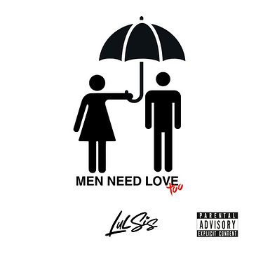 Men Need Love Too cover art by Lul Sis, featuring black stick figures holding an umbrella
