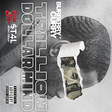Trillion Dollar Mind cover art by Burberry Curry, featuring a mug shot with cash money over the eyes