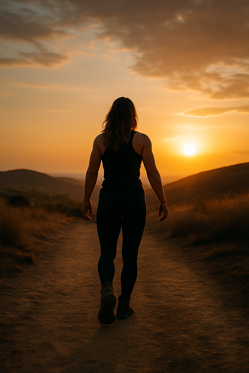 “A strong young woman walks confidently toward the horizon on a rugged path at sunset, symbolising emotional resilience, healing, and the strength to keep moving forward after facing inner struggles.”