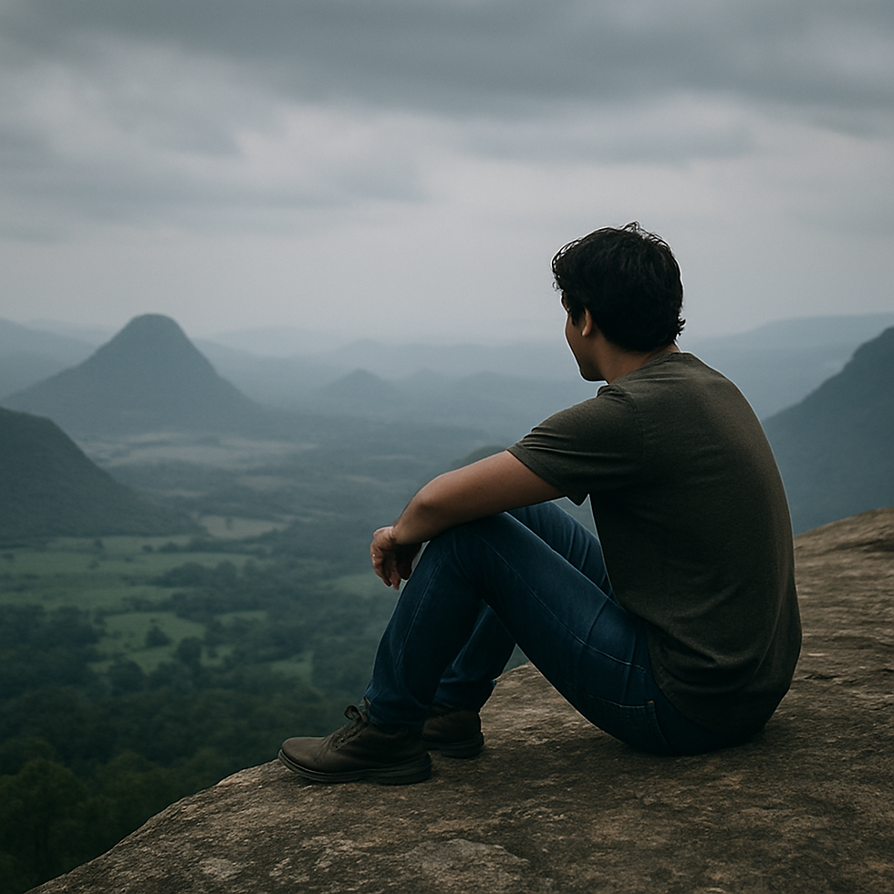 “Person sitting in quiet reflection on a mountaintop, symbolising strength through vulnerability.”