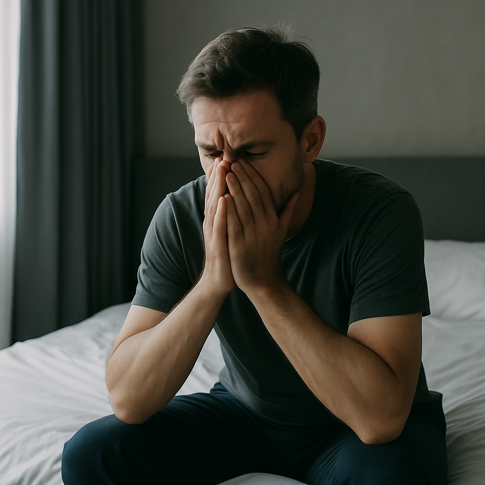 Stressed man sitting on the edge of a bed with his face in his hands, reflecting feelings of anxiety, shame, and emotional struggle linked to erectile dysfunction