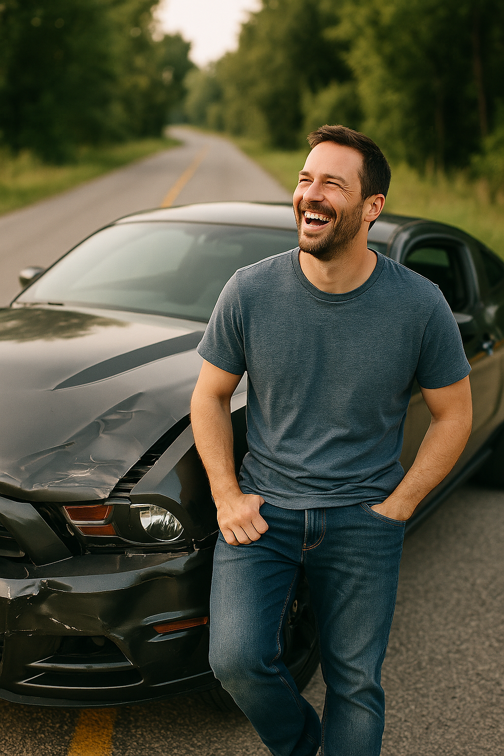 Smiling man leaning against a damaged black muscle car on a quiet road, showing confidence and humor despite a crash.