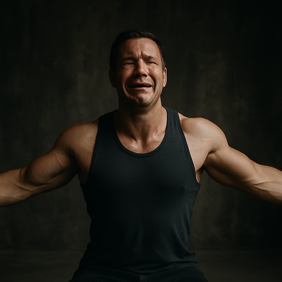 A strong, muscular man stands with arms wide open, crying unashamedly. His powerful posture and emotional expression represent the courage to be vulnerable and the strength found in facing mental health struggles head-on.