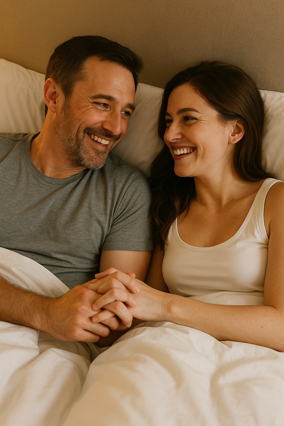 Happy couple smiling and holding hands while lying in bed, showing intimacy, trust, and emotional connection.