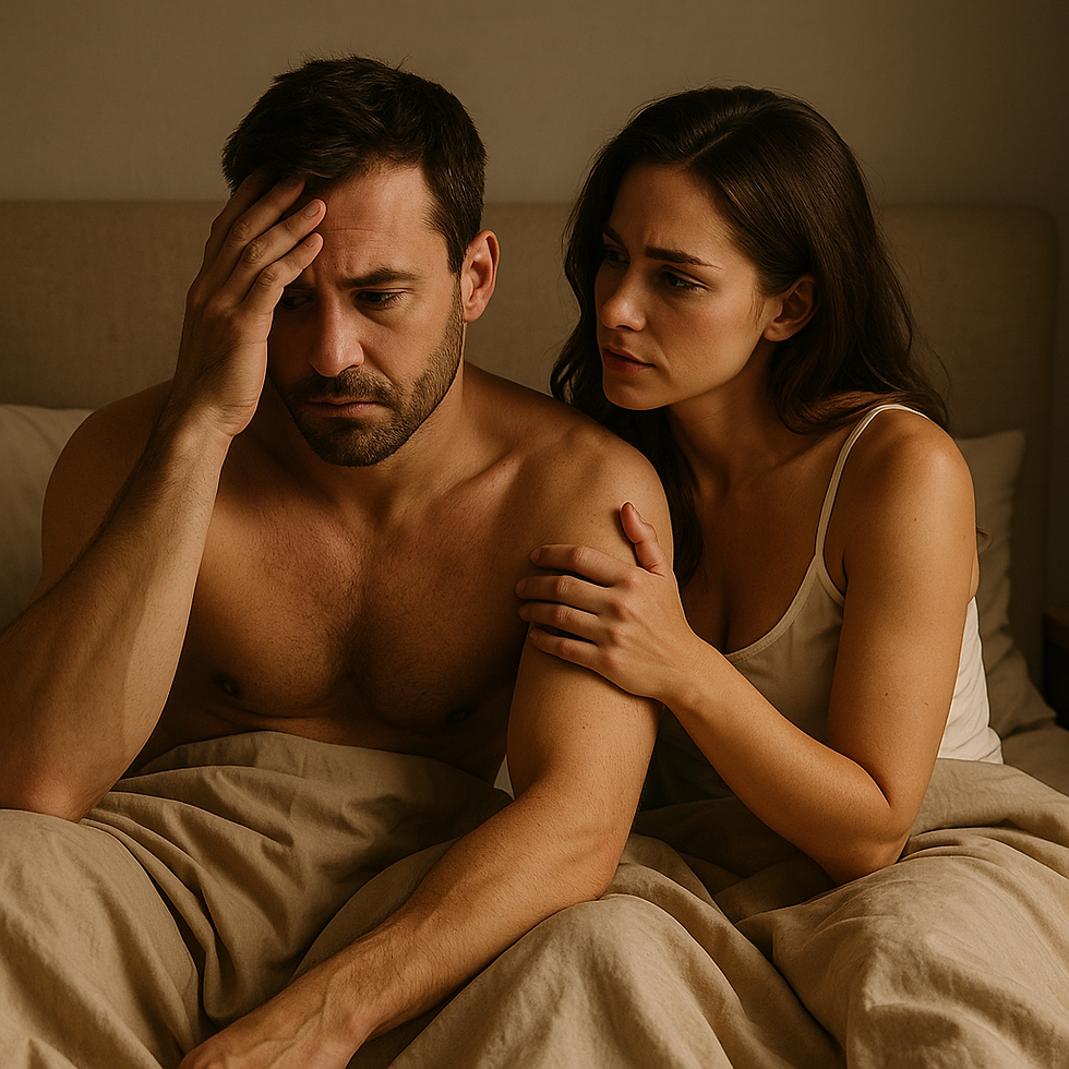 Concerned woman gently comforting her stressed partner in bed, showing emotional support during intimacy struggles.