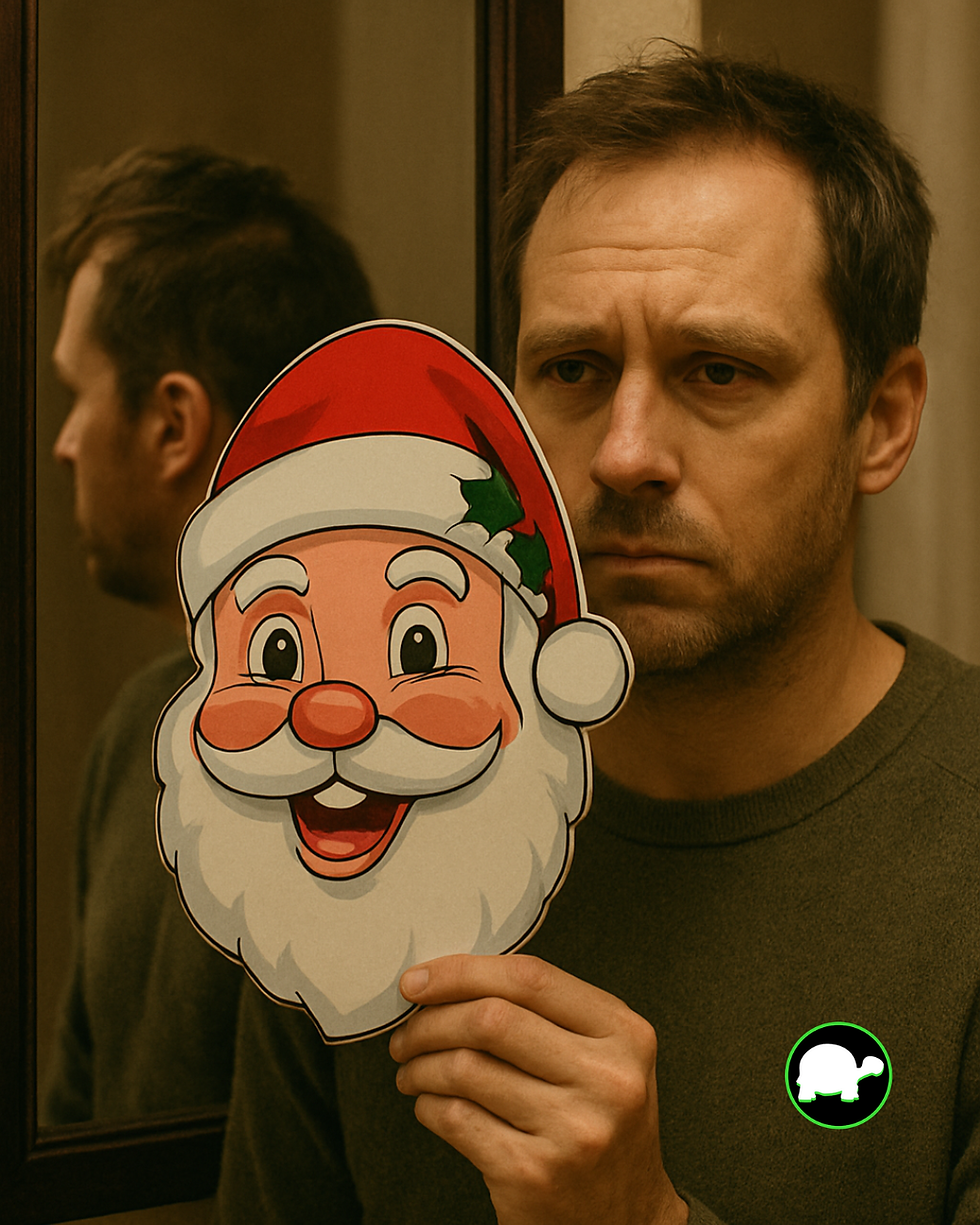 A man stands in front of a mirror holding a bright, cheerful Santa Claus mask, while his real reflection shows a tired, serious expression. The image illustrates the emotional mask many people wear during the holidays and the hidden struggles behind Christmas stress and mental health challenges.