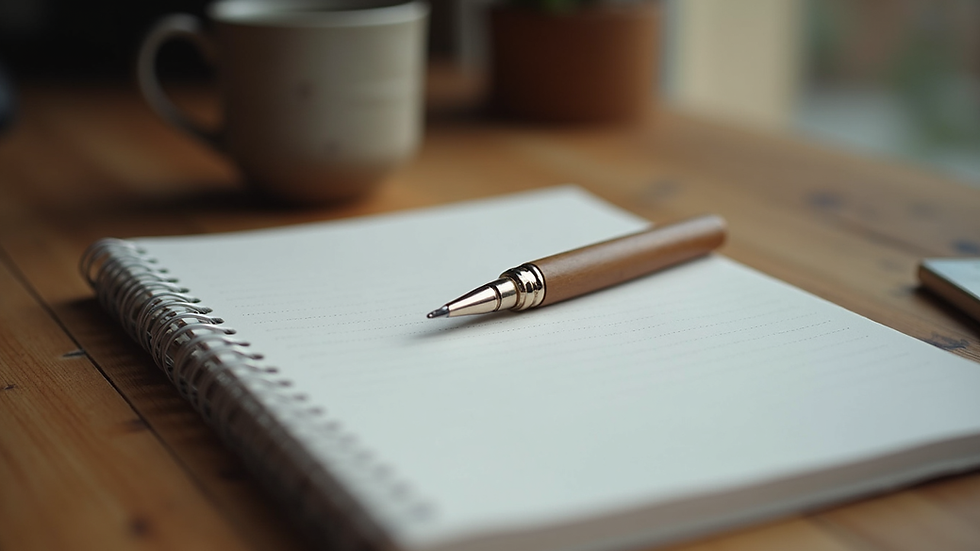 Close-up view of a journal and pen on a wooden table