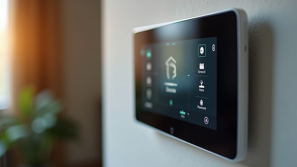 Close-up view of a smart home control panel with touchscreen interface