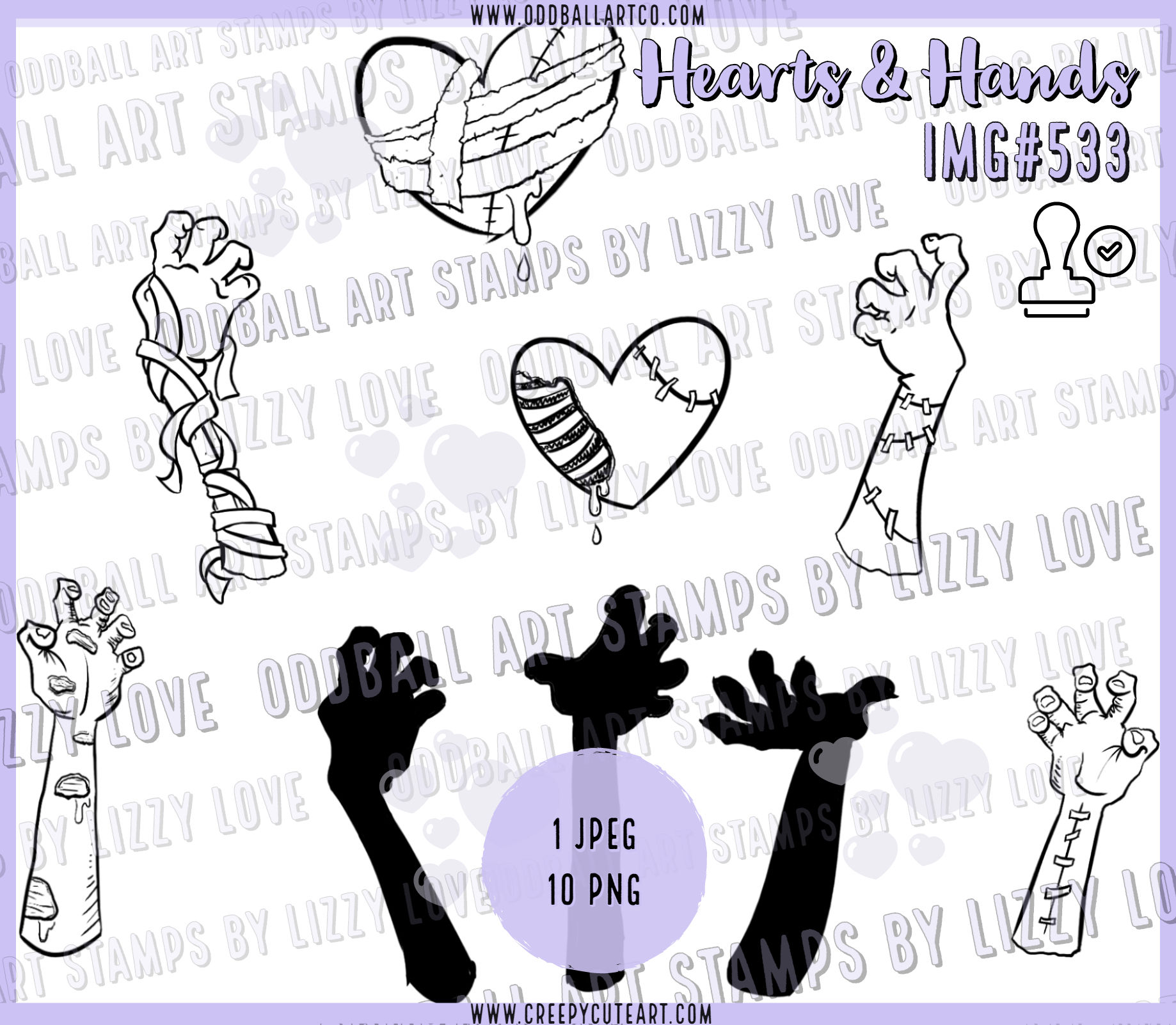 Digi Stamp Creepy Cute Zombie Hearts & Hands Image 533