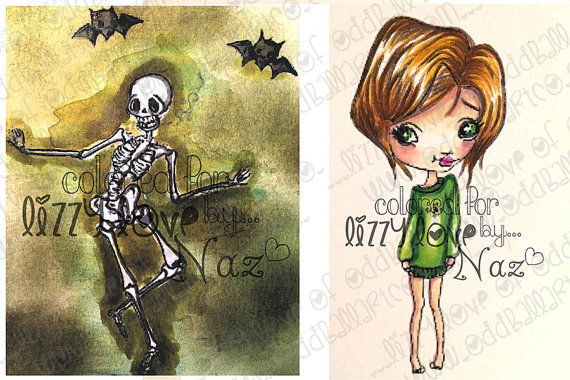 Thumbnail: Digital Stamp Creepy Cute Skeleton Bats & Girl Dancing in the Dark Image No. 331