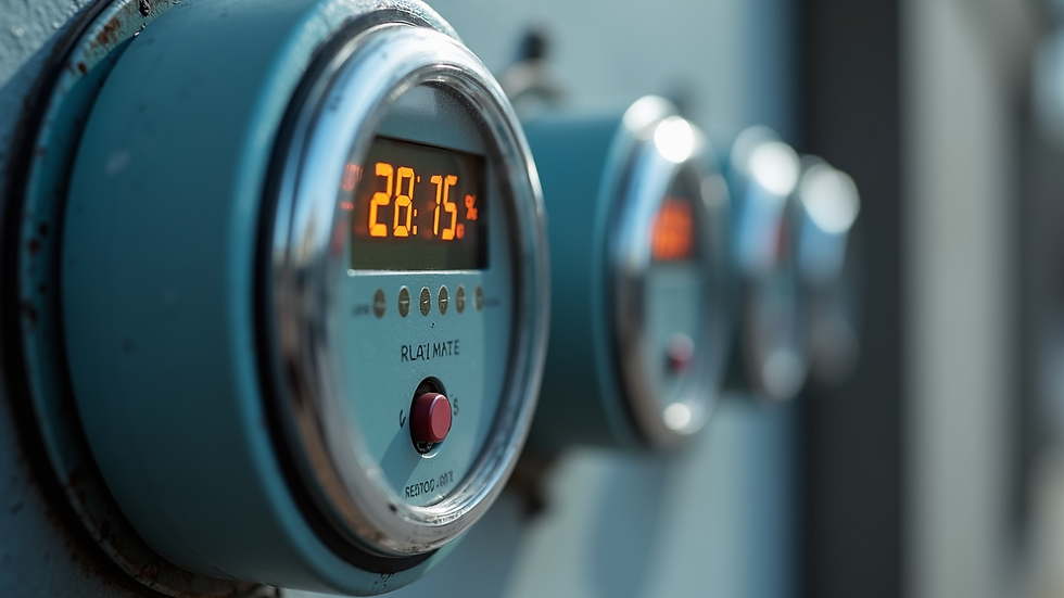 Close-up of a smart energy meter displaying real-time data