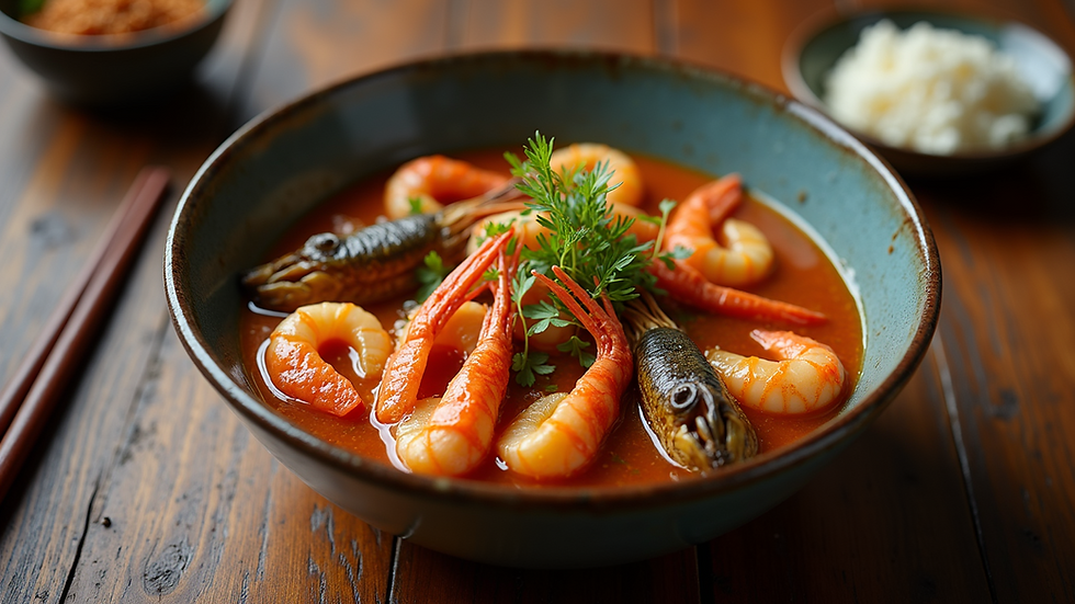 High angle view of a traditional seafood stew