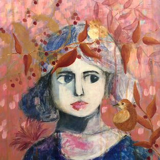 The painting portrays the face of a girl with large, expressive eyes, set against a backdrop of lush leaves. A bird perches delicately on her shoulder, all rendered in a subtle, harmonious color palette.