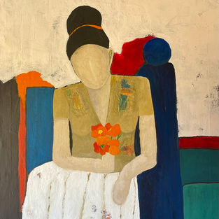 "A woman seated in a chair, holding a bouquet of flowers, quietly reflecting on her day and her life.