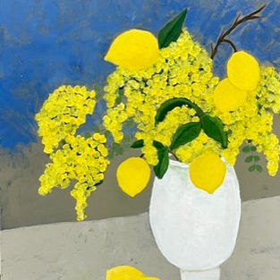 LEMOSN WITH WHITE VASE

Lemons and yellow flowers together evoke a sense of freshness, vibrancy, and natural beauty. The bright yellow hue of both the lemons and flowers symbolizes joy, warmth, and energy.
Acrylic on wood
11"x14"