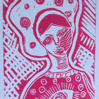 LUCKY EYE

A linocut print titled “Lucky Eye,” portraying a woman with a protective eye motif on her dress—a symbol of intuition, protection, and unseen forces watching over her path.