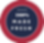 Circular badge with a red outer ring and a navy blue inner circle. Inside the navy circle, white text reads '100% MADE FRESH'