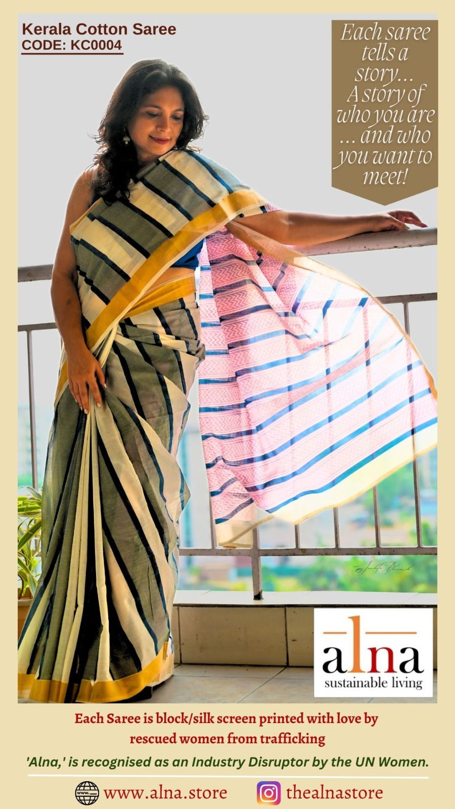 Gorgeous Navy Blue Bordered Grey & White Striped Kerala Cotton Saree #KC0004