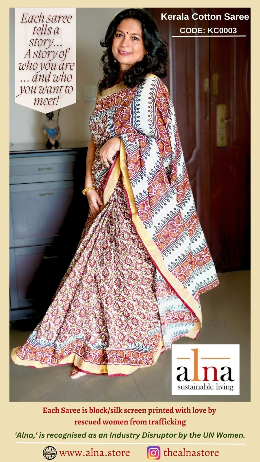 Dazzling Bright White -Maroon Kerala Cotton Saree #KC0003