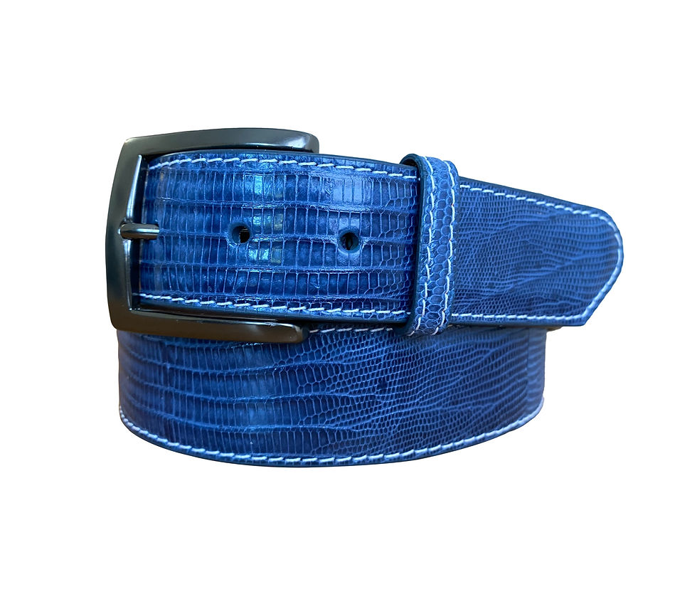Thumbnail: Denim Blue Genuine Lizard Skin Golf Belt With a Black Belt Buckle