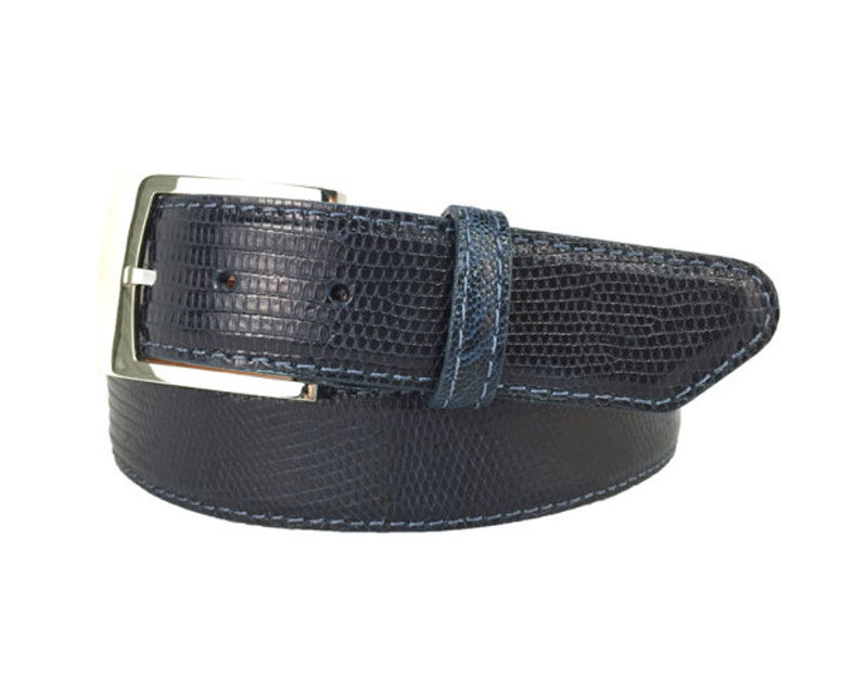Thumbnail: Navy Blue Genuine Lizard Skin Golf Belt With a Silver Belt Buckle