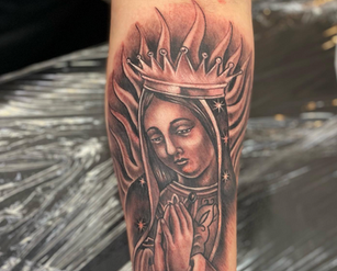 Mother Mary Tattoo By Hutch  at Fine Ink Ivanhoe.png