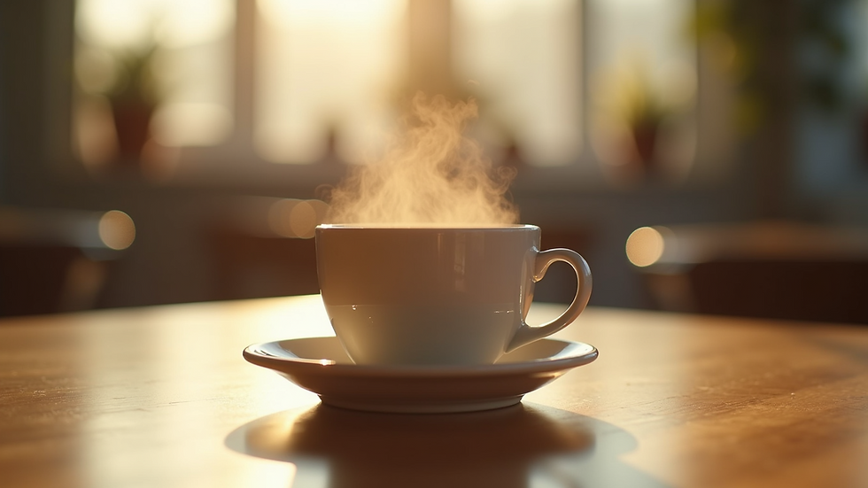 Eye-level view of a steaming cup of coffee with a bright background