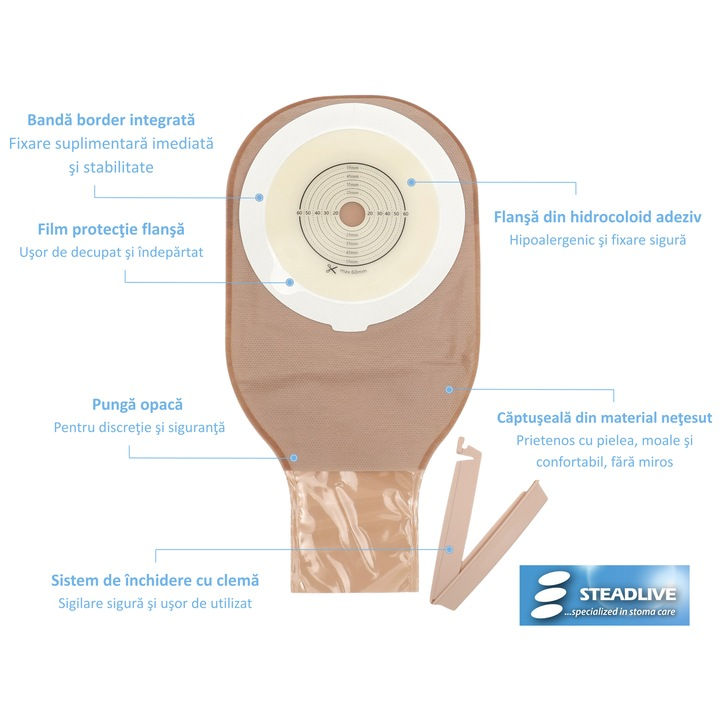 Miniatură: Punga colostomie/ileostomie Steadlive 20–60 mm cu BORDER, filtru,inchidere clema