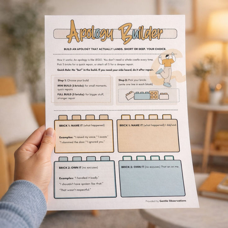 Hand holding Apology Builder worksheet