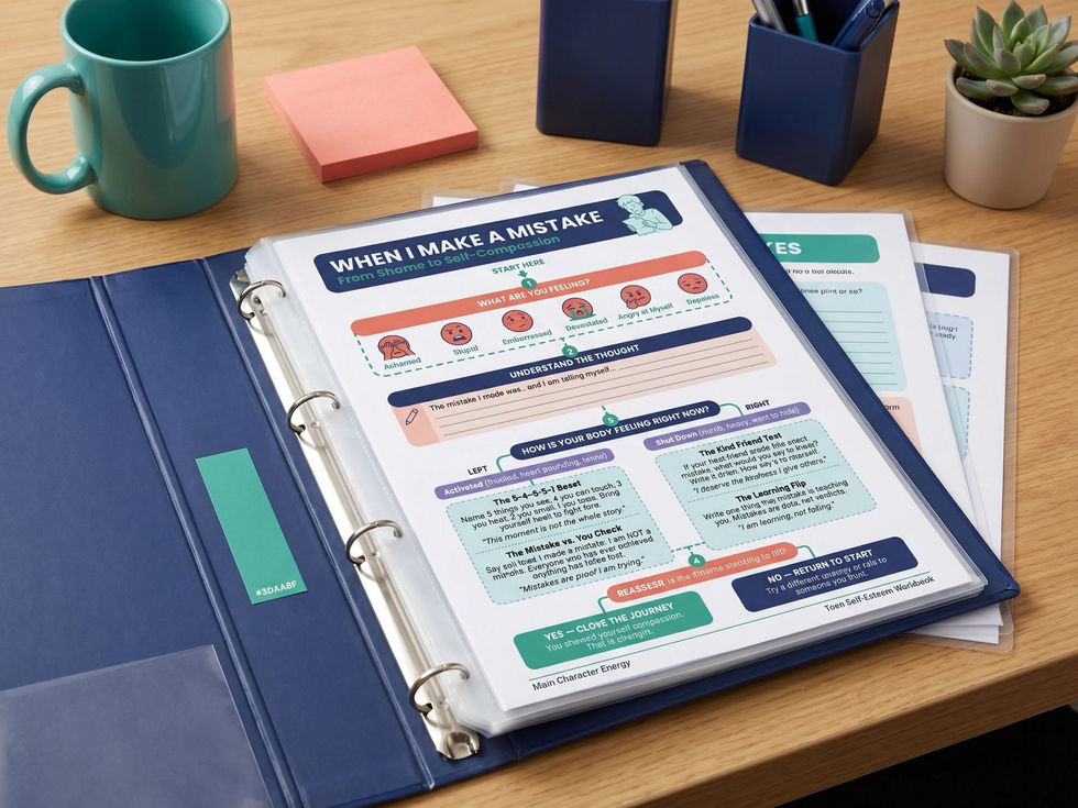 Therapy worksheet 'When I Make a Mistake' in a binder
